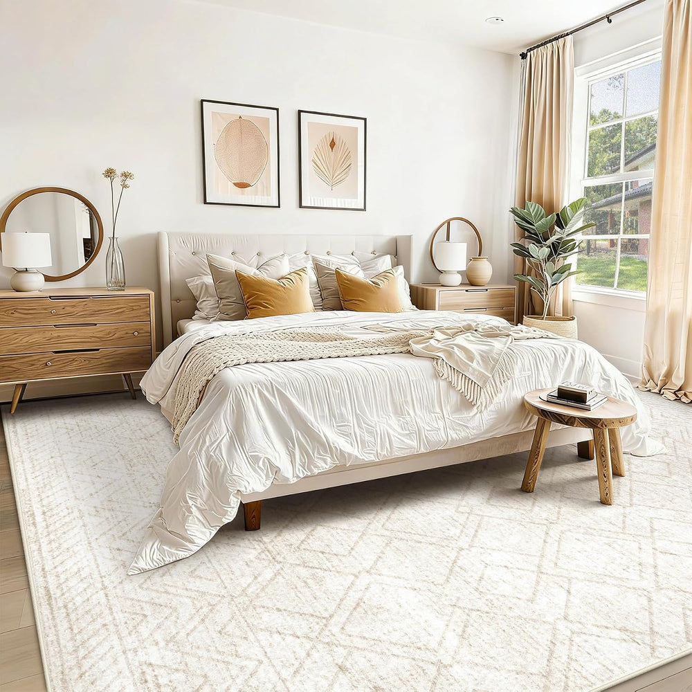Area Rugs 8x10 Living Room Rug: Washable Geometric Neutral Rugs Boho Modern N...