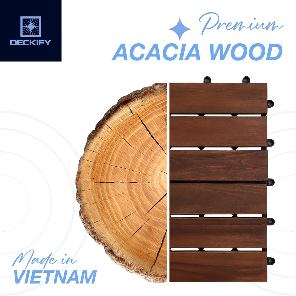 9-Piece Acacia Wood Interlocking Deck Tiles, Dark Brown Striped