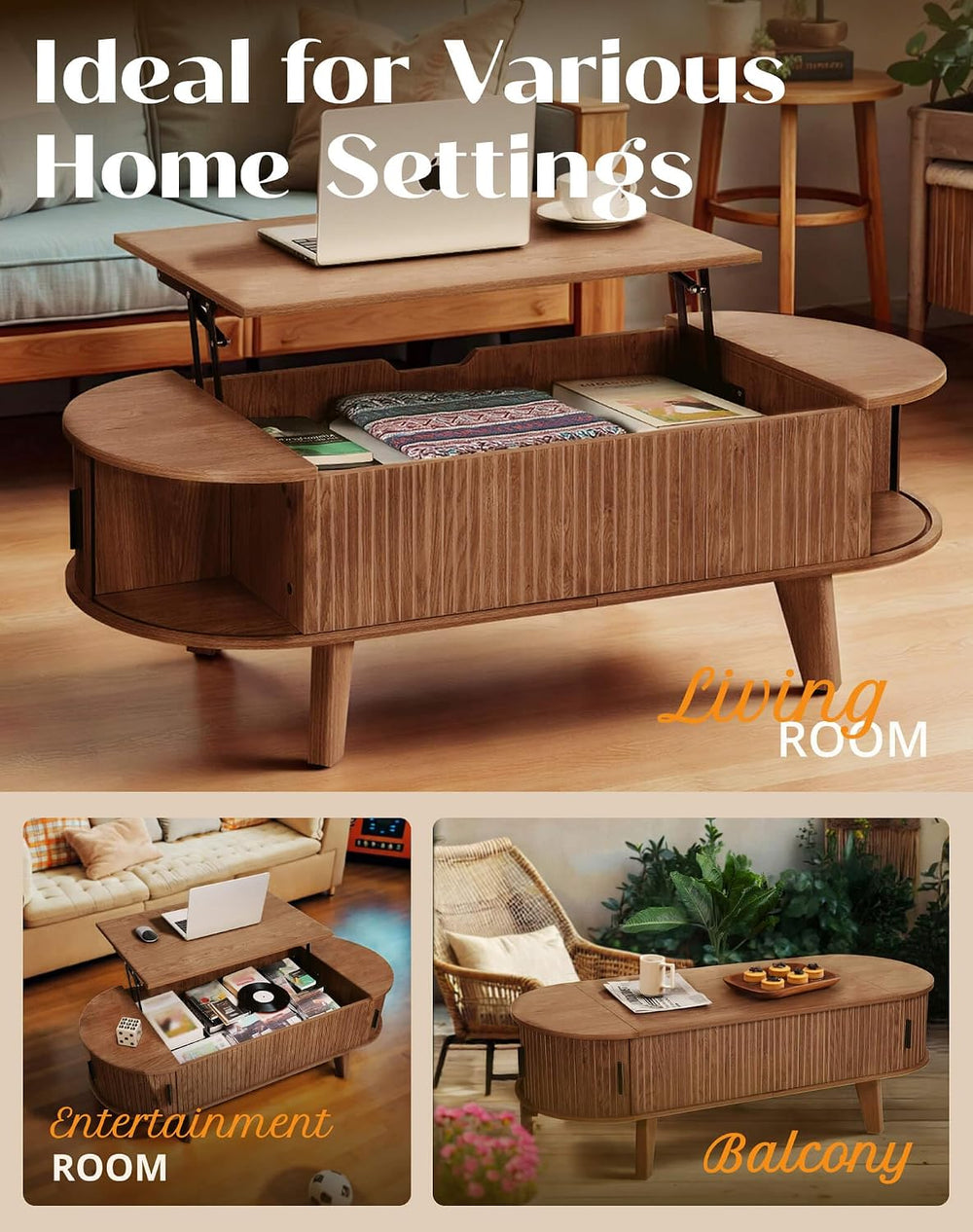 Oval Lift Top Coffee Table with Storage, 47.2" Mid Century Modern Living...