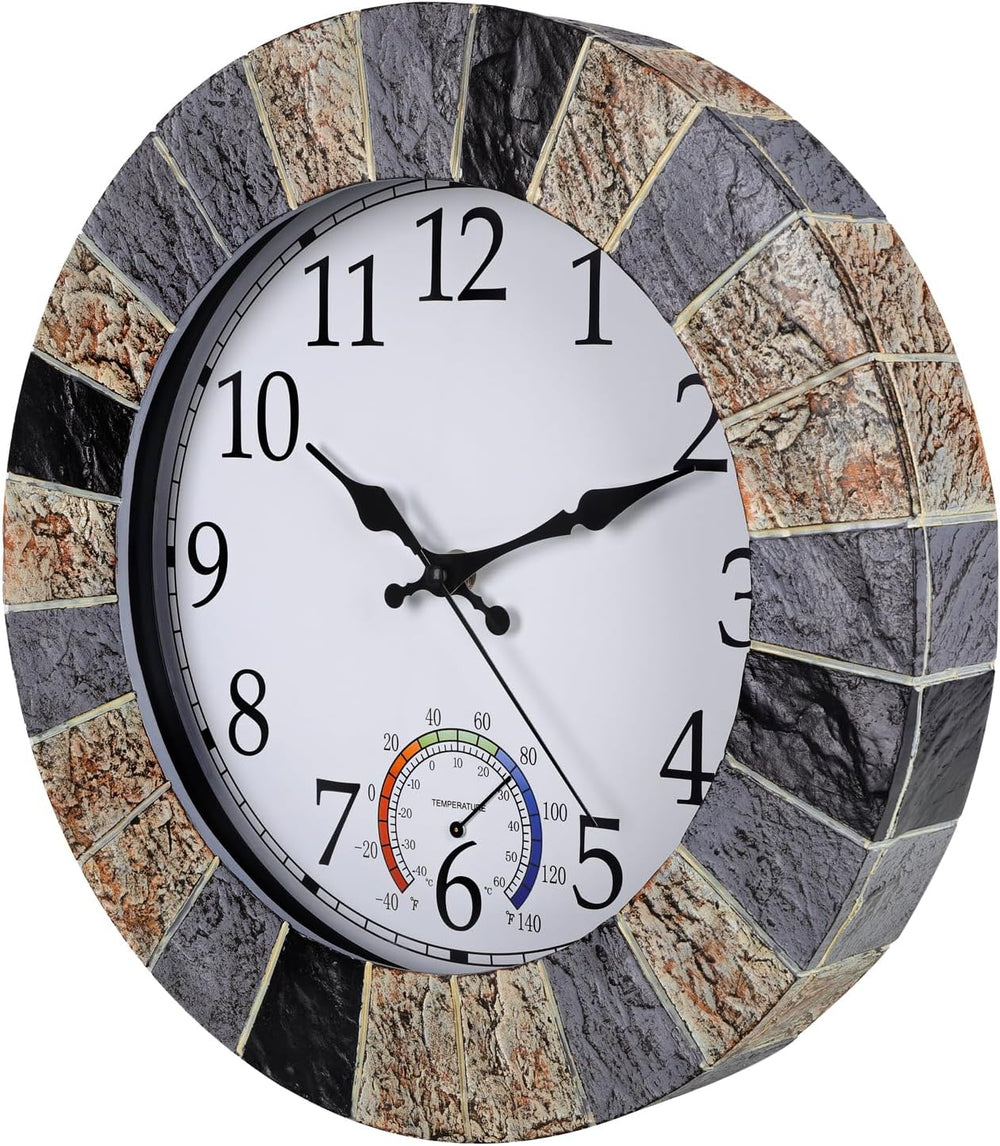 Outdoor Clock Waterproof with Thermometer, 13 Inch Silent Rustic Resin Wall C...