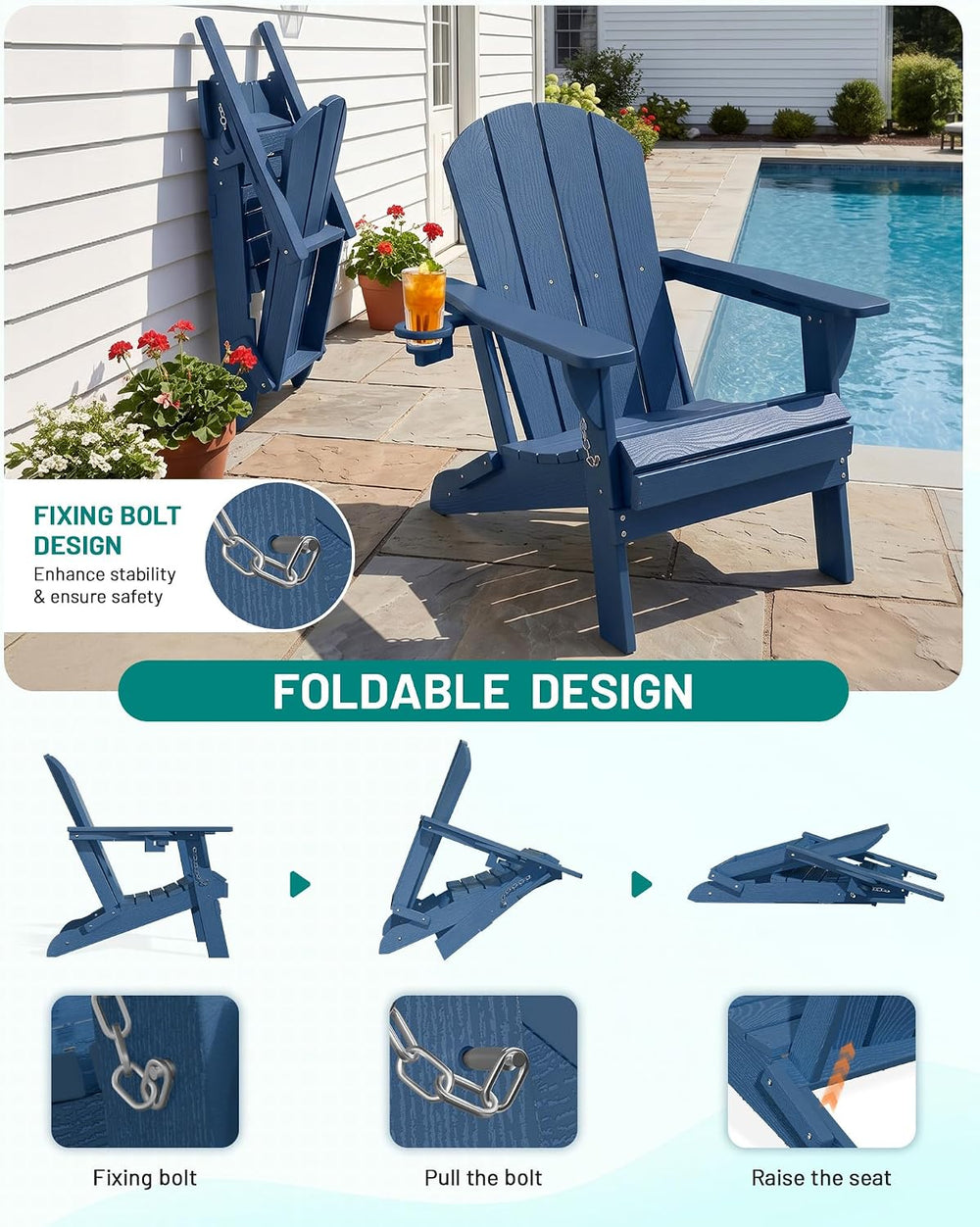 PLUUV Folding Adirondack Chair, HDPE Fire Pit Chairs with Cup Holder, Navy