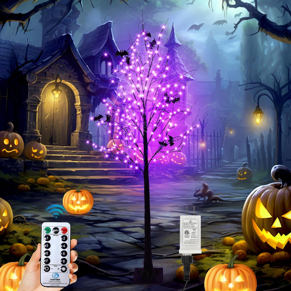 Halloween Lighted Tree with 260 LED Lights, 6FT Black Halloween Tree with Tim...
