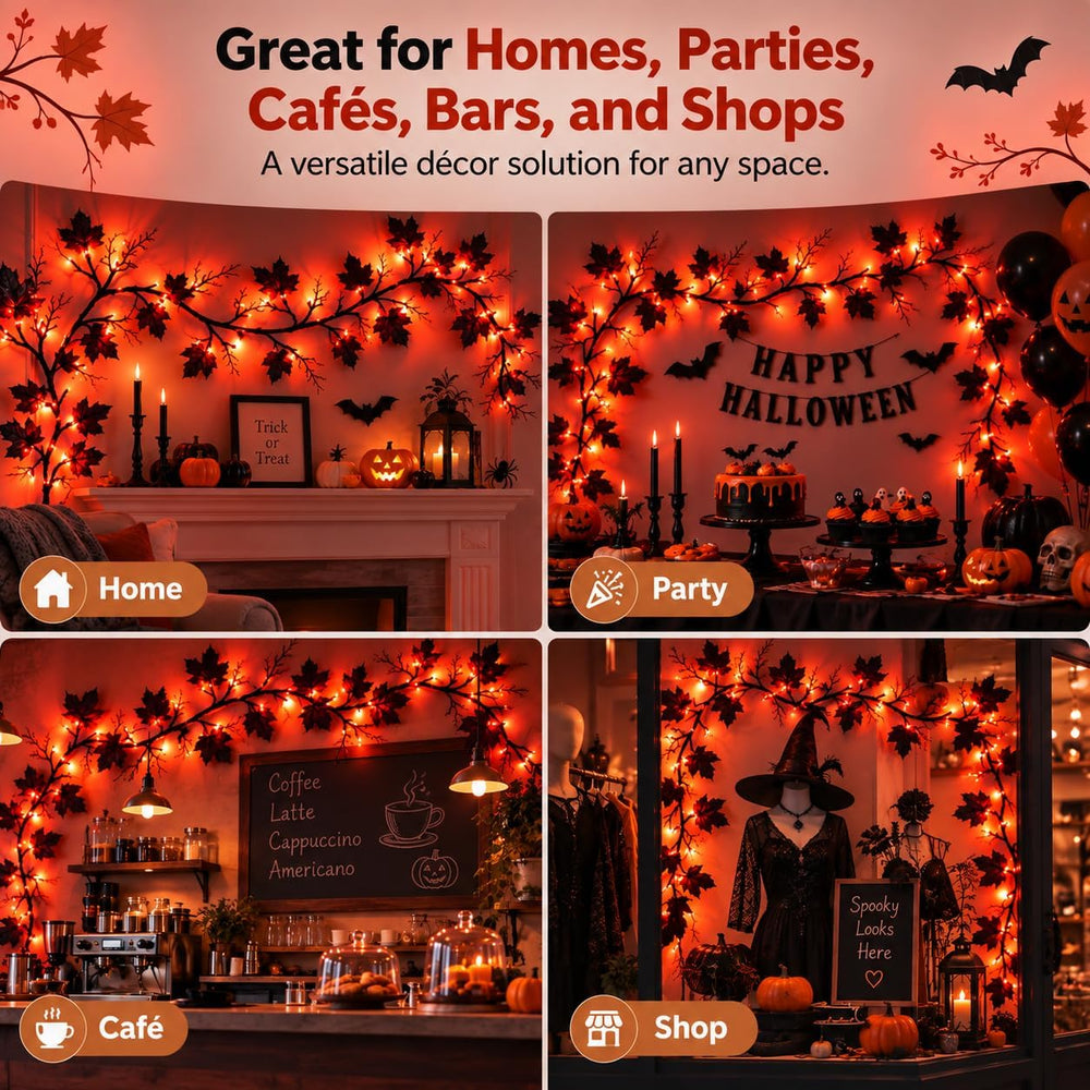 Halloween Garland with Orange Lights, 9 FT Black Maple Leaves, 72 LEDs
