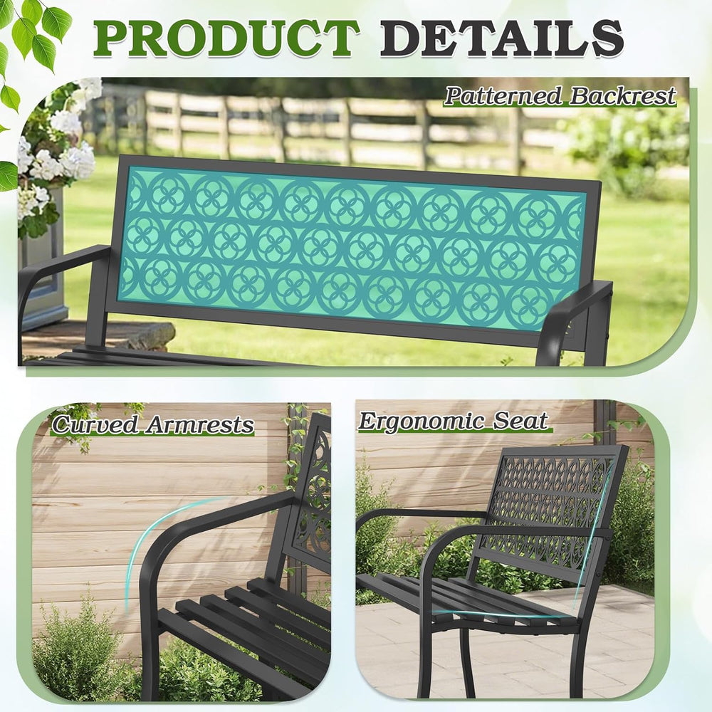 44" Outdoor Garden Bench, Iron Metal Frame Patio Bench with Backrest and...