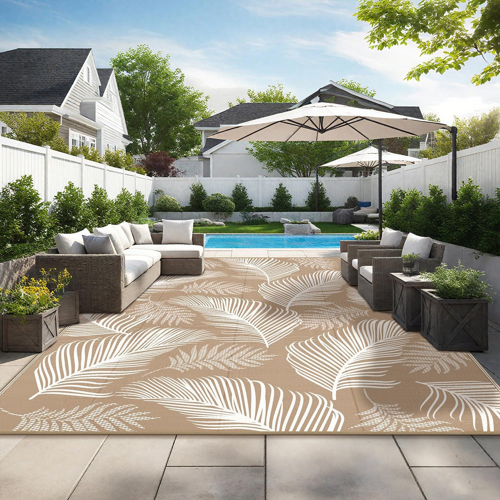 Pauwer Waterproof Outdoor Rug 9x12, Plastic Straw Patio Rug, Leaf Brown