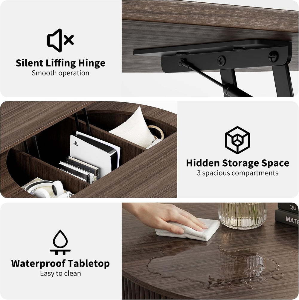Round Lift Top Coffee Table, 31.5'' Fluted Coffee Table with Hidden S...