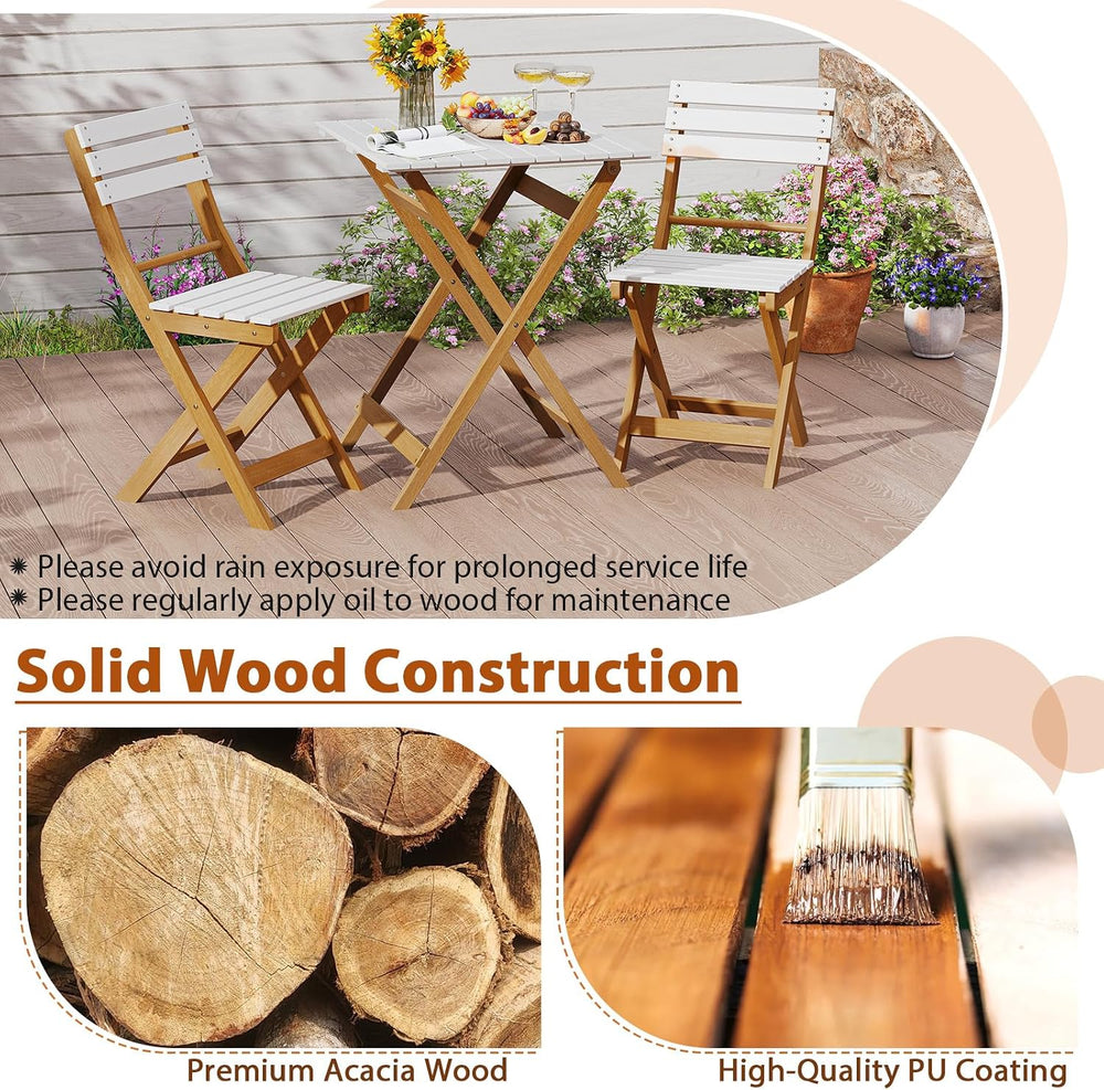 Tagnkula 3 Piece Folding Outdoor Patio Bistro Set, Space Saving Foldable Acac...