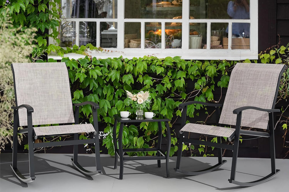 Vongrasig 3 Piece Outdoor Rocking Bistro Set, Textilene Fabric Small Patio Fu...