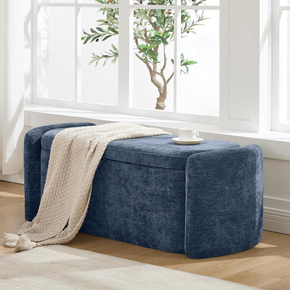 Oval Ottoman Bench with 20 Gal of Storage Space Upholstered Chenille Seat End...