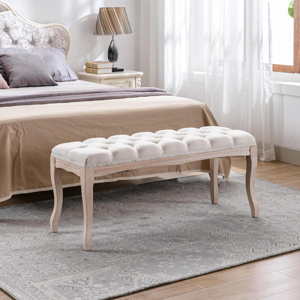 French Upholstered Tufted Entryway Bench, Mid-Century Vintage Linen Fabric Ot...