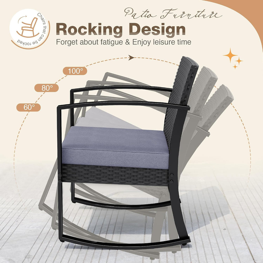 Greesum 3 Pieces Outdoor Furniture Set Patio Bistro Rocking Chairs with Glass...
