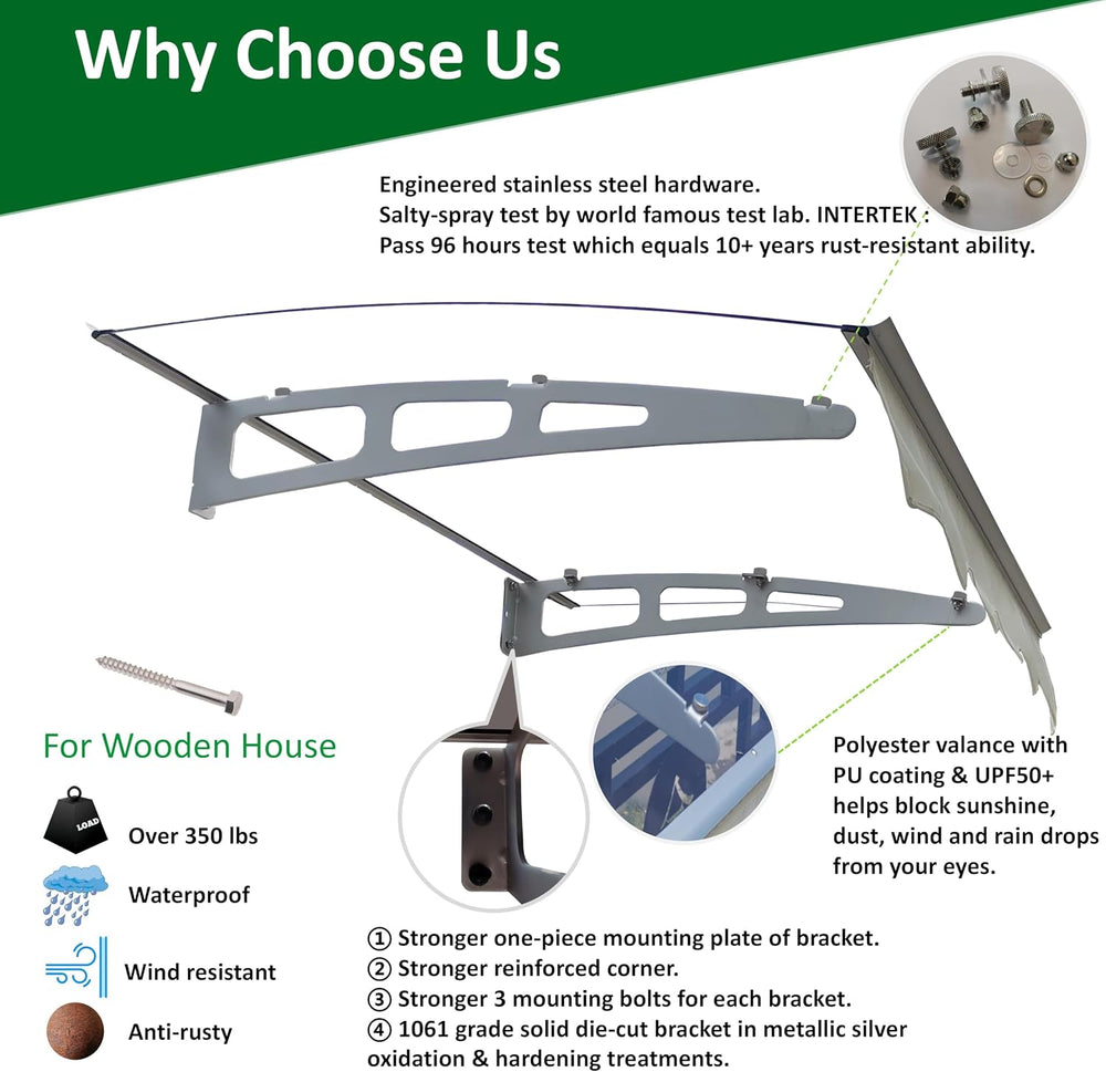 47" x 34" Window Awning Door Entrance Canopy, Aluminum Alloy Bracke...