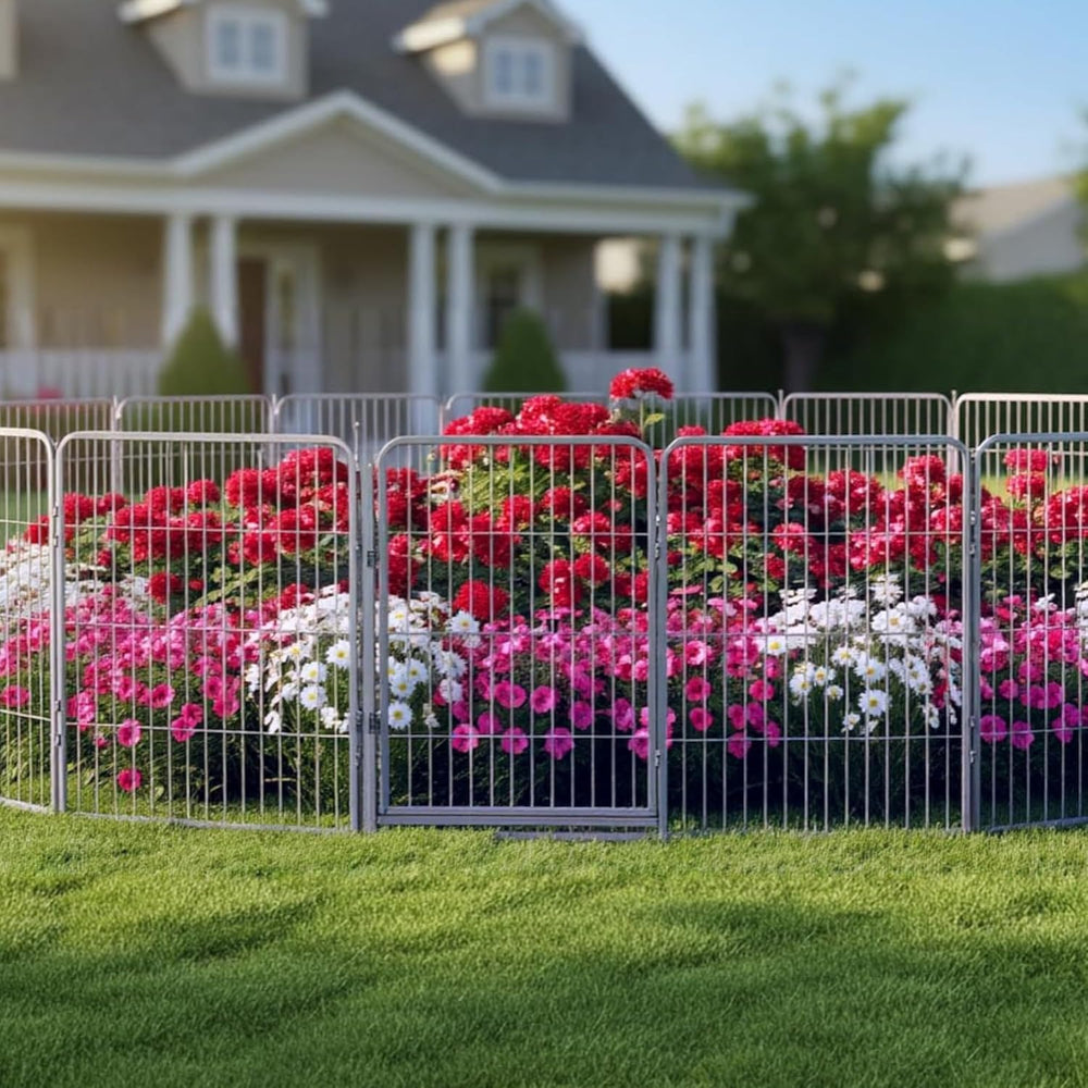 Decorative Outdoor Garden Fence - 24in, 8 Panels - Grey Heavy Duty Metal Fenc...