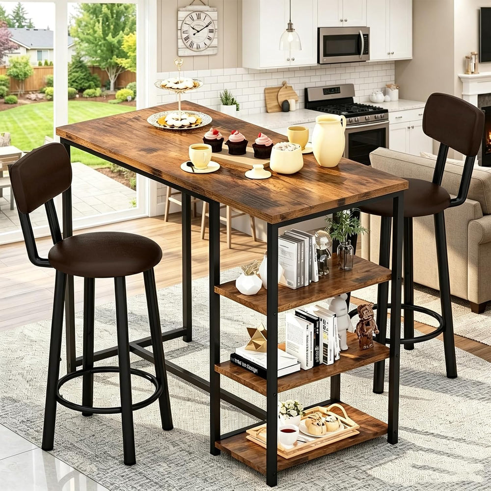 Recaceik Pub Dining Table Set for 2, Table and Bar Stools with 3 Storage Shel...