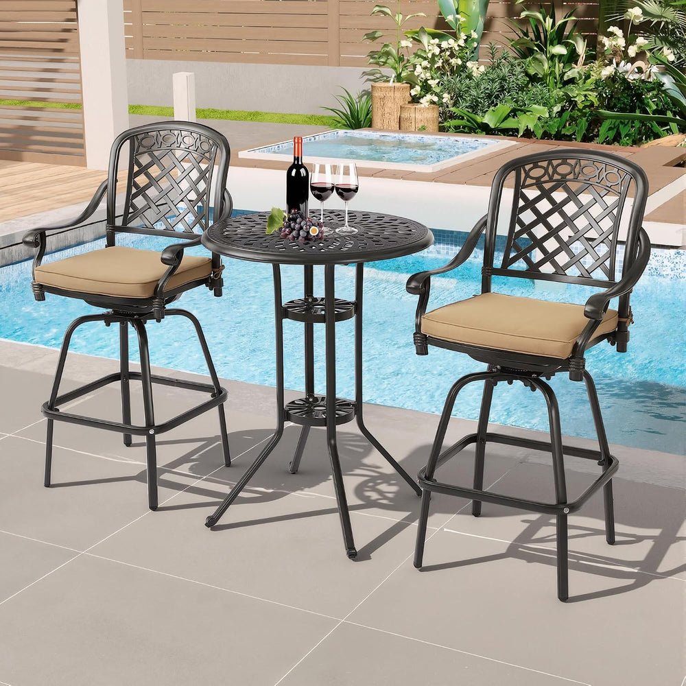 3-Piece Cast Aluminum Patio Bar Set, Outdoor Round High Top Table & 2 Swi...