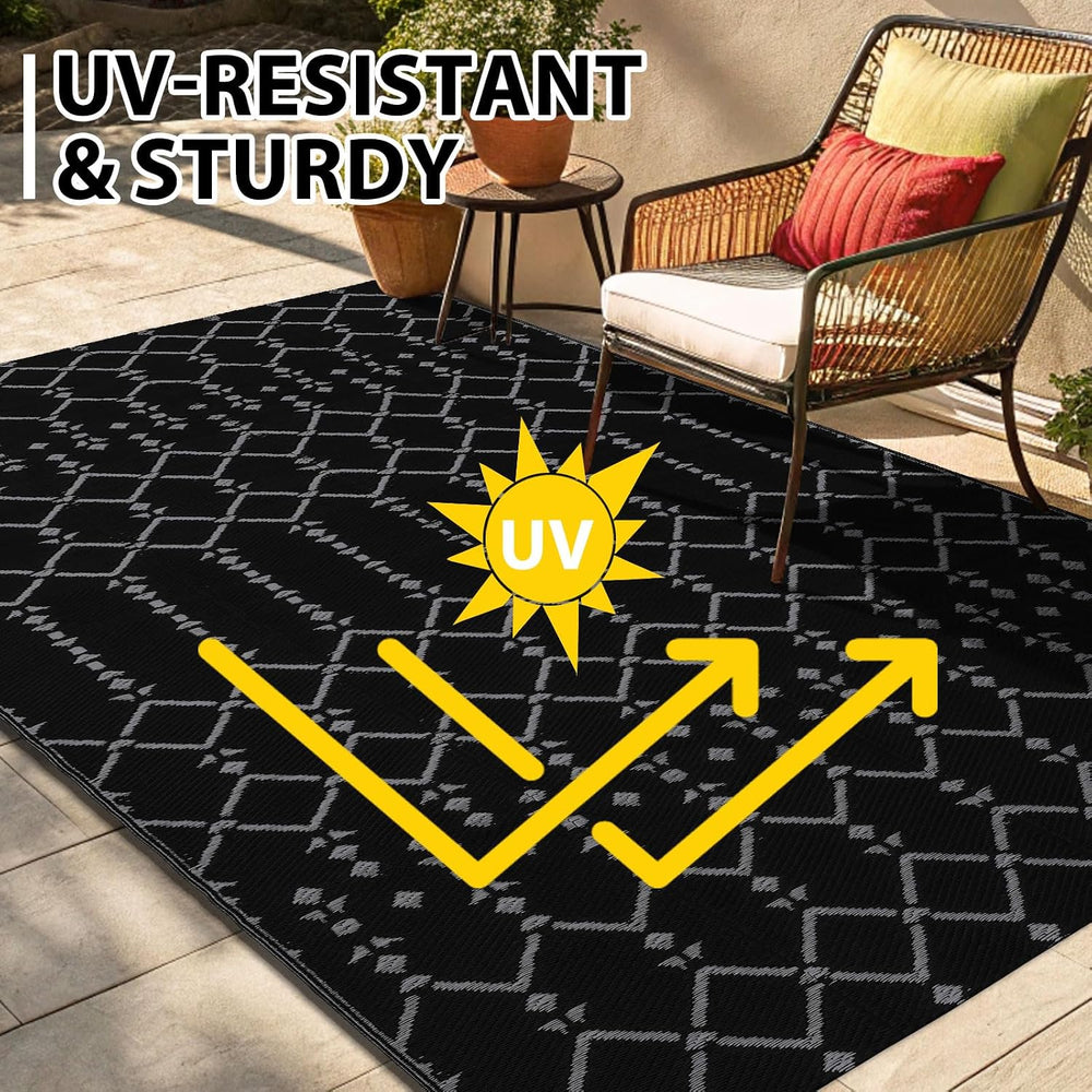 Smiry Outdoor Rug 5x8 ft Waterproof Reversible Boho Mat, Dark Grey