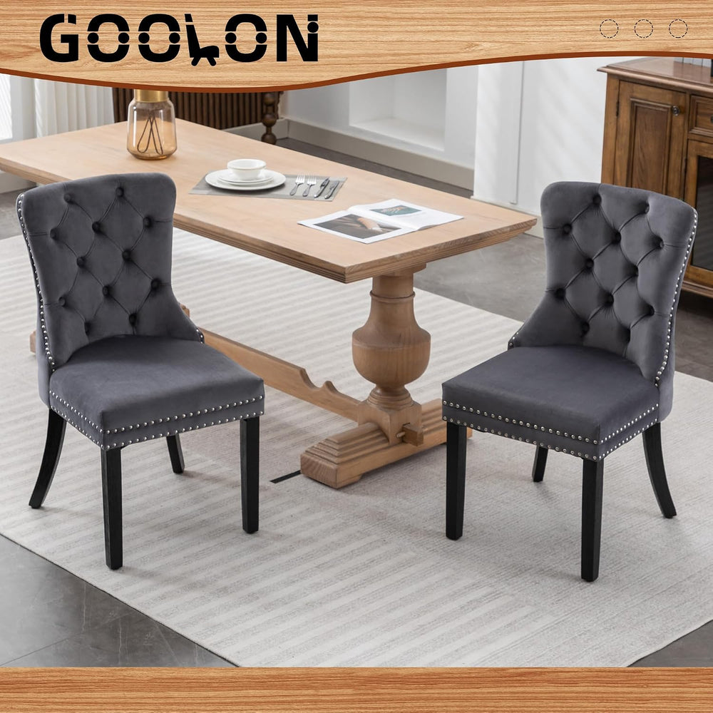 Velvet Dining Room Chairs Set of 2, Button Tufted, Wood Legs, Dark Gray