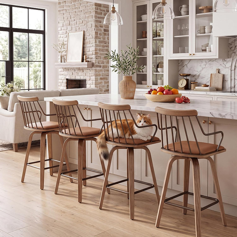 HNY Swivel Counter Height Bar Stools Set of 2, Brown Faux Leather Barstools