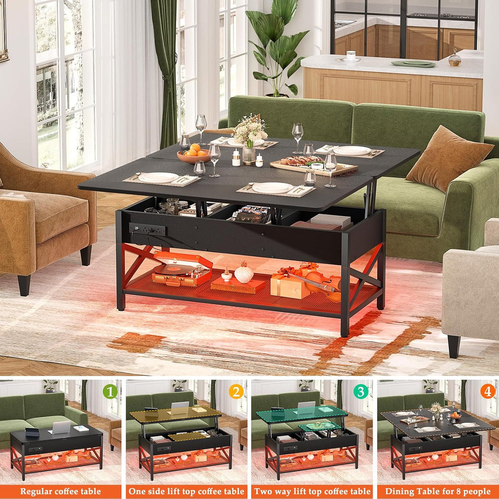 Aheaplus Lift Top Coffee Table with LED Light,Power Outlet & Shelves- Black