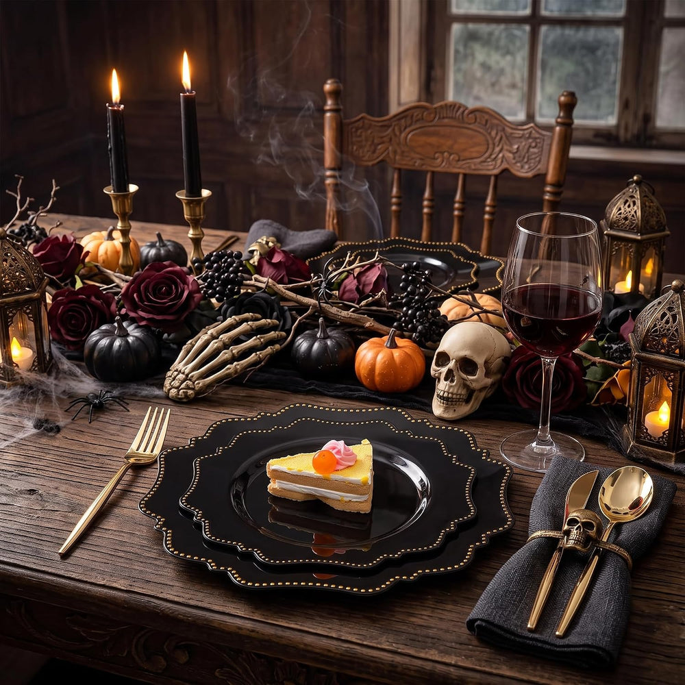 COLOSUS 60PCS Black Plastic Plates, Elegant Disposable Plates for Halloween