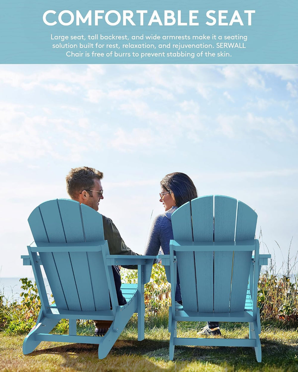 SERWALL Patio Folding Adirondack Chair Set of 2 with Cup Holder -Aruba Blue