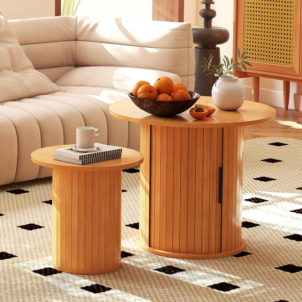Round Wood Coffee Table with Storage, Small Circle Tables for Small Spaces