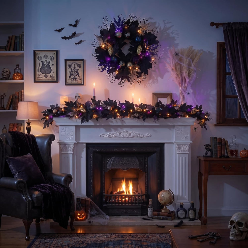 DecorbyHannah 6ft Halloween Garland for Mantle with Lights Black Leaf Decor