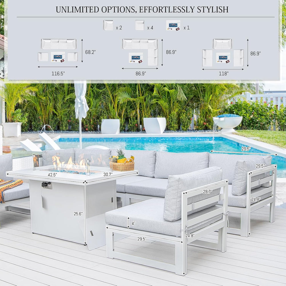 BULEXYARD 7 Piece Aluminum Patio Furniture Set with Fire Pit Table, White