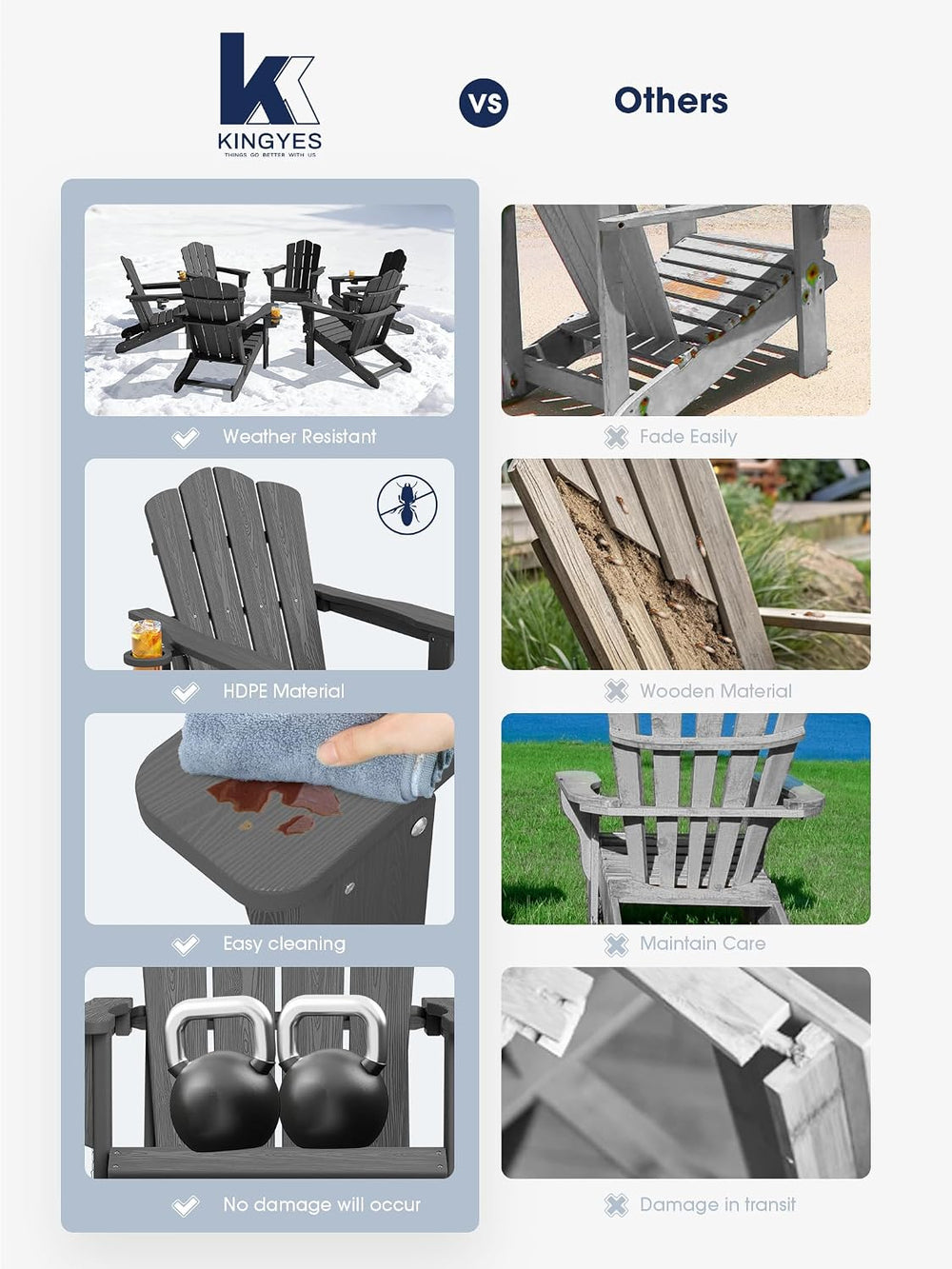 KINGYES Folding Adirondack Chair Set of 6 with Cup Holder, Grey
