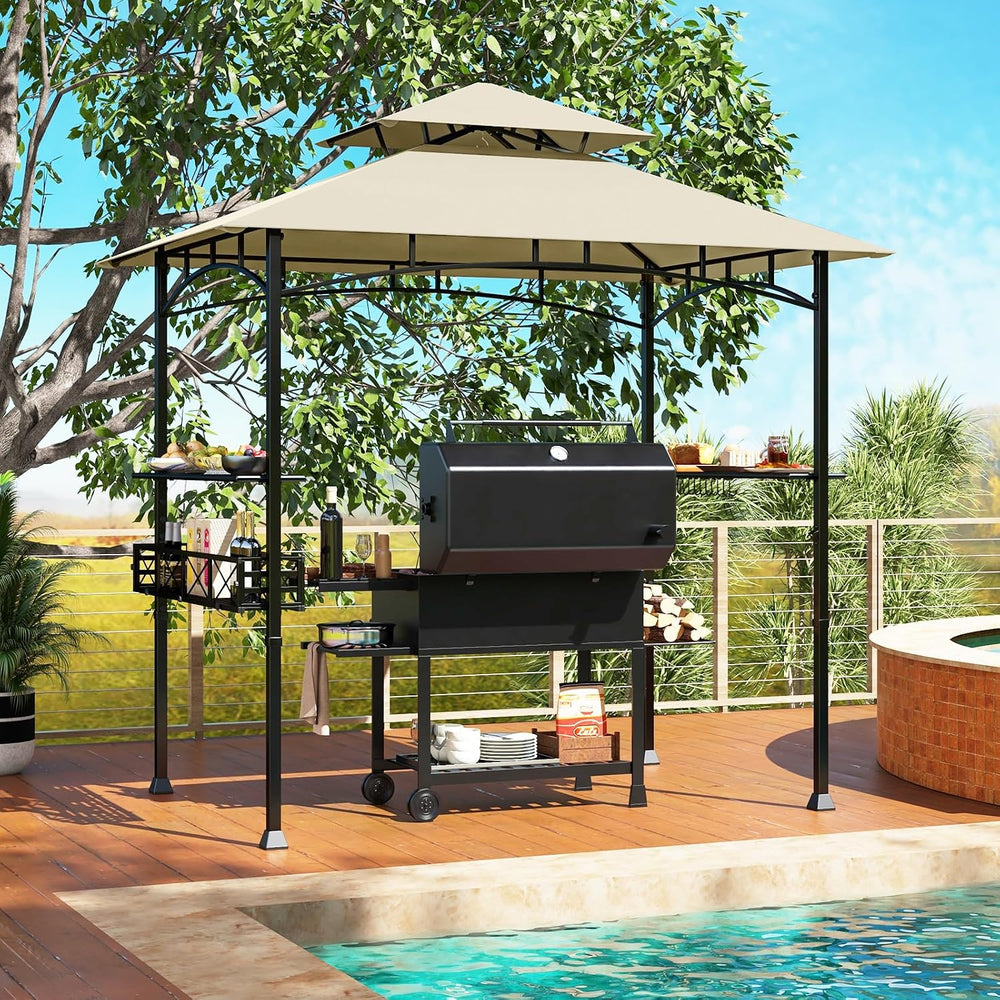 Tangkula 8x5 Ft Outdoor Grill Gazebo w/Side Awning & 2-Tier Vented Canopy