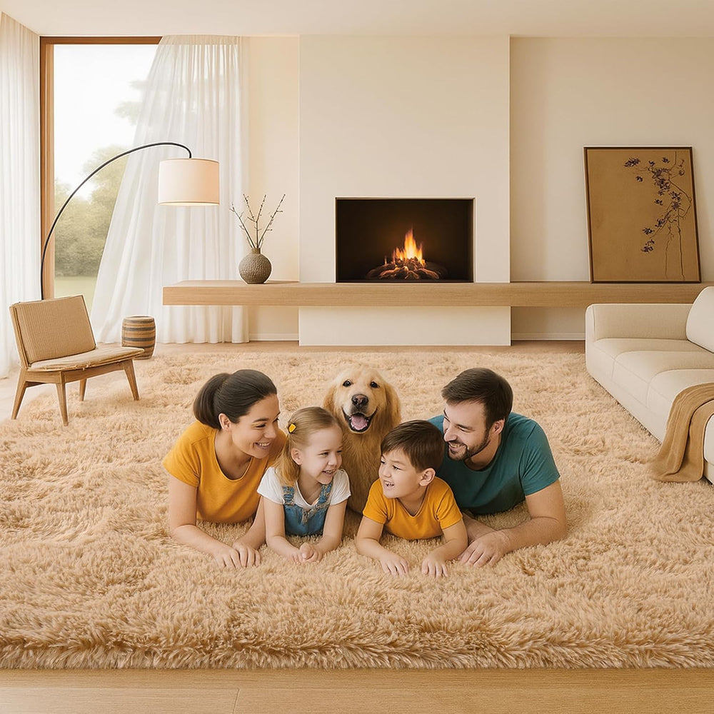 8x10 Beige Fluffy Shag Area Rug, Non-Slip Soft Carpet for Home