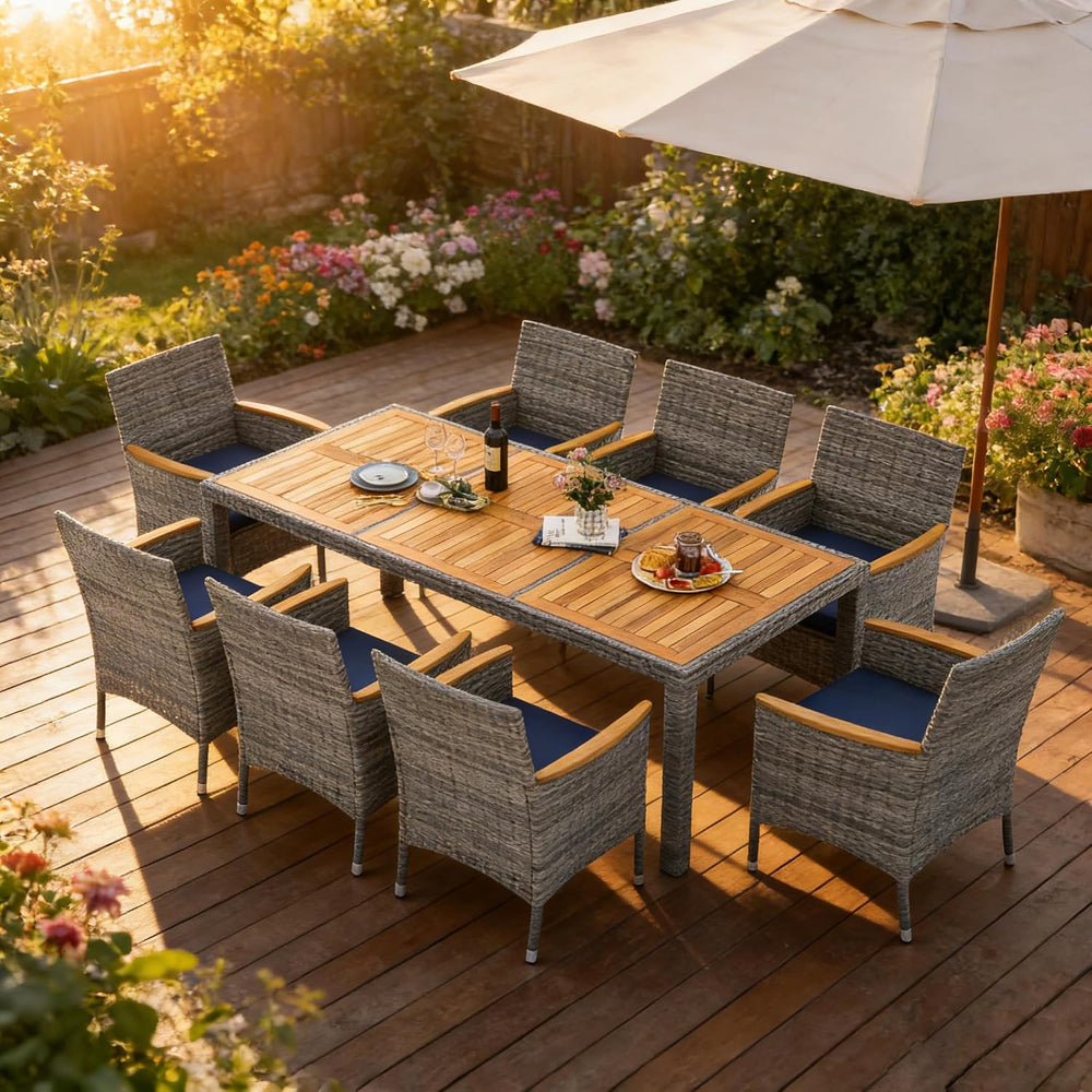 COSTWAY 9-Piece Patio Rattan Wicker Dining Set for 8 with Umbrella Hole