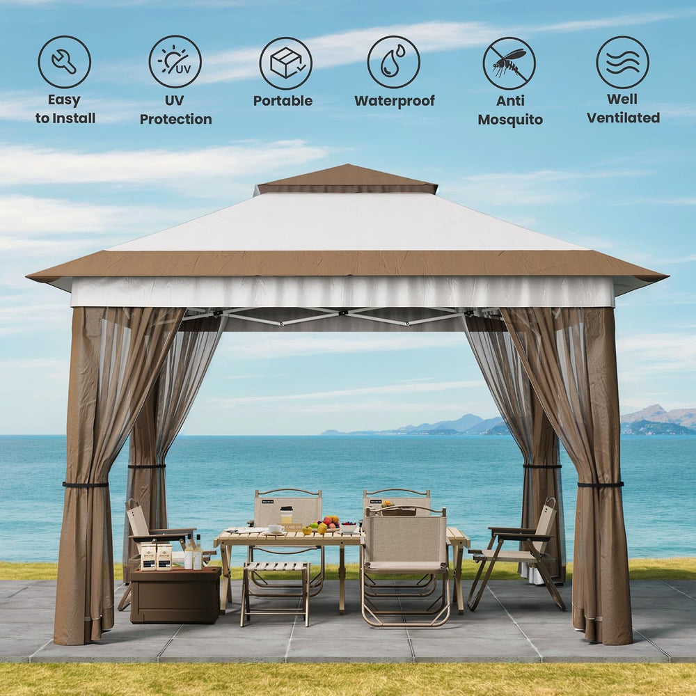Bealife 11x11 Pop Up Gazebo Tent with Mosquito Netting - Beige