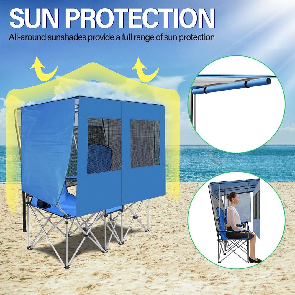 ptlsy Folding Double Camping Chair with Canopy Shade for Beach Lawn (Blue)
