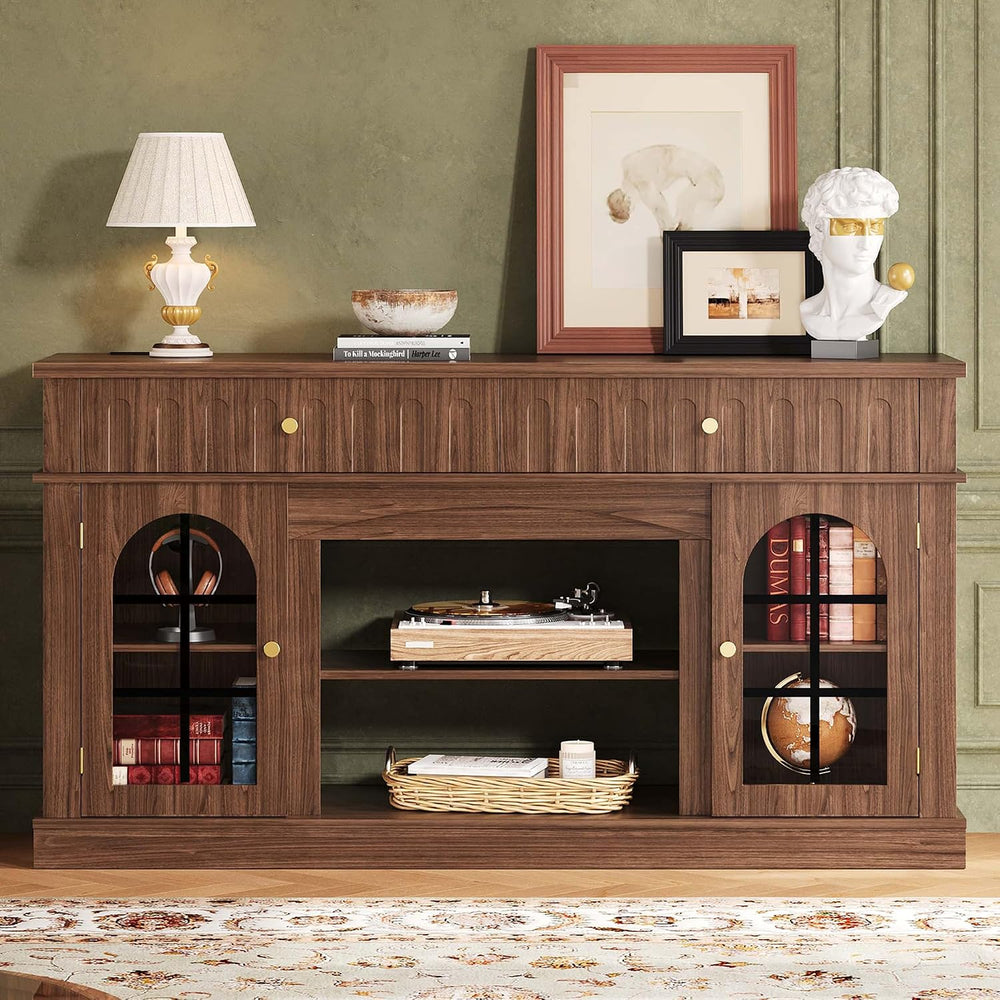 IRONCK TV Stand for 65 Inch TV with Charging Station, Walnut Brown
