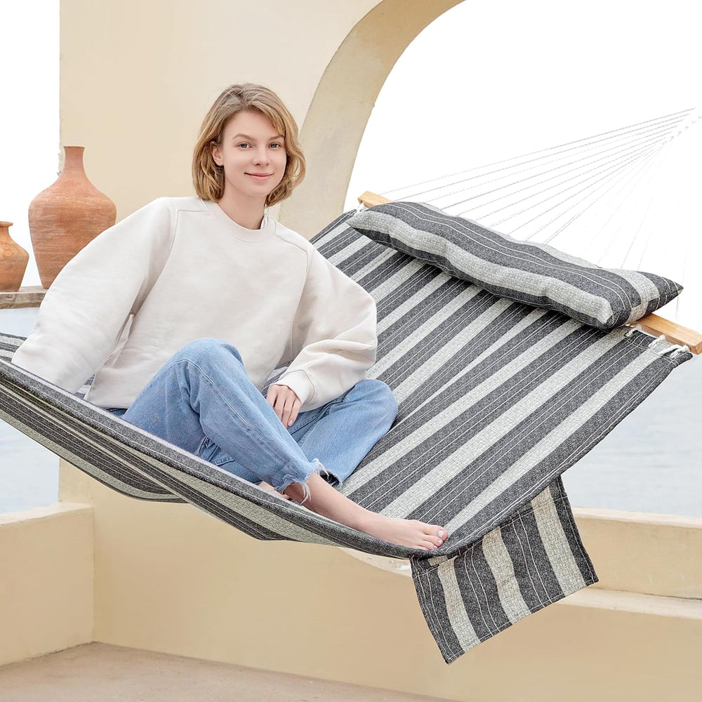 GAFETE 12ft 2 Person Hammock for Outside with Hardwood Spreader Bar