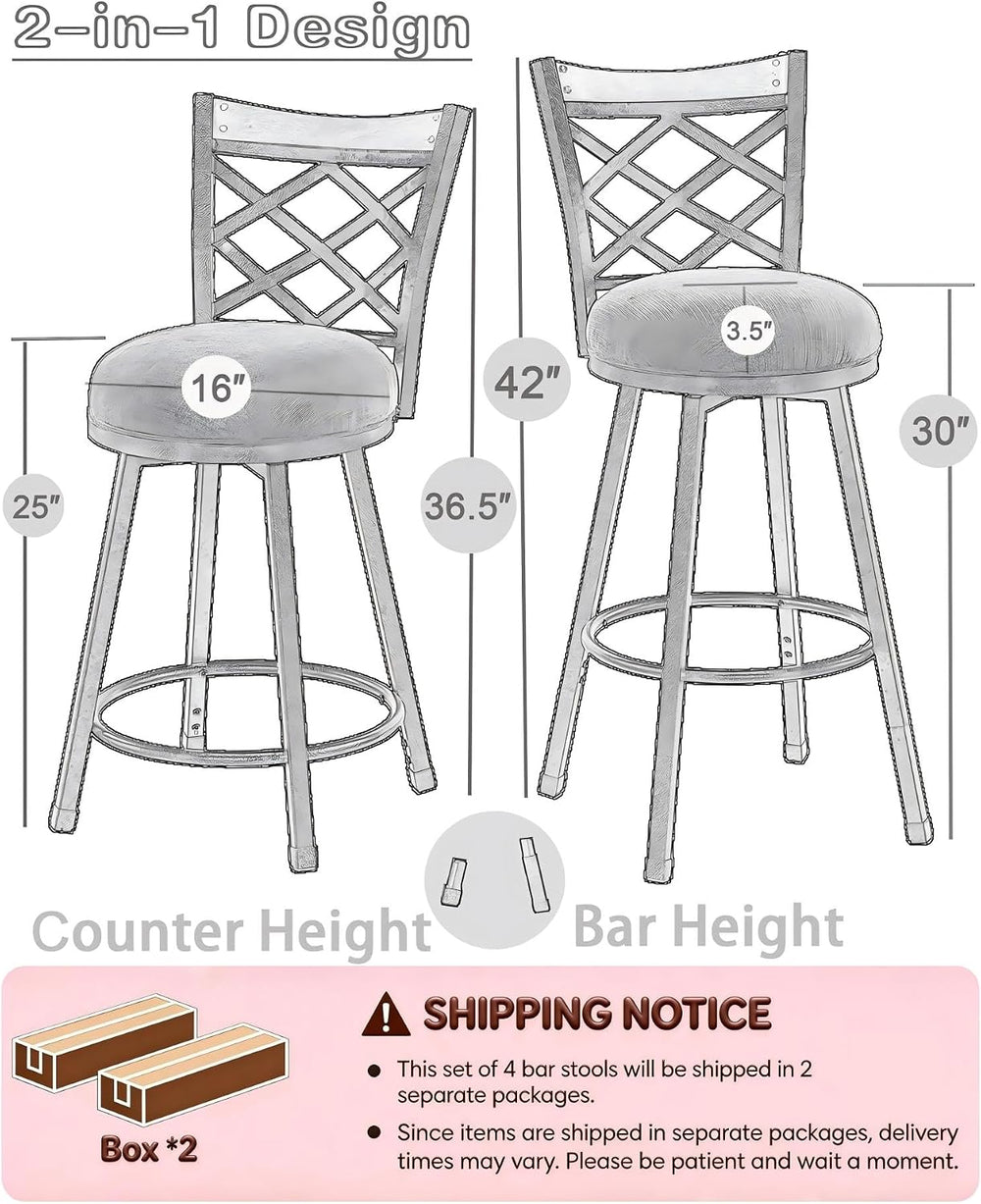 Set of 4 Farmhouse Swivel Bar Stools with Backs, Adjustable 25"/30"...