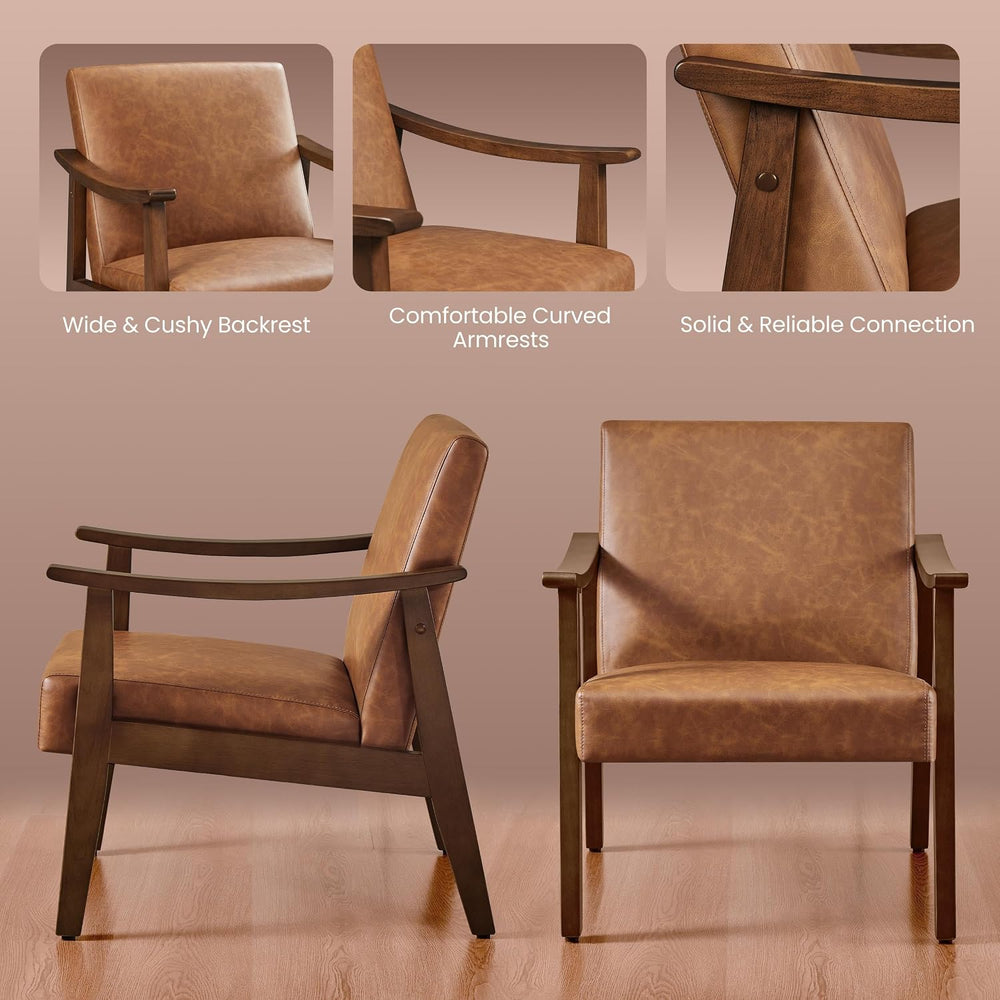 Yaheetech Accent Chairs Set of 2, Mid-Century Faux Leather Armchairs Brown