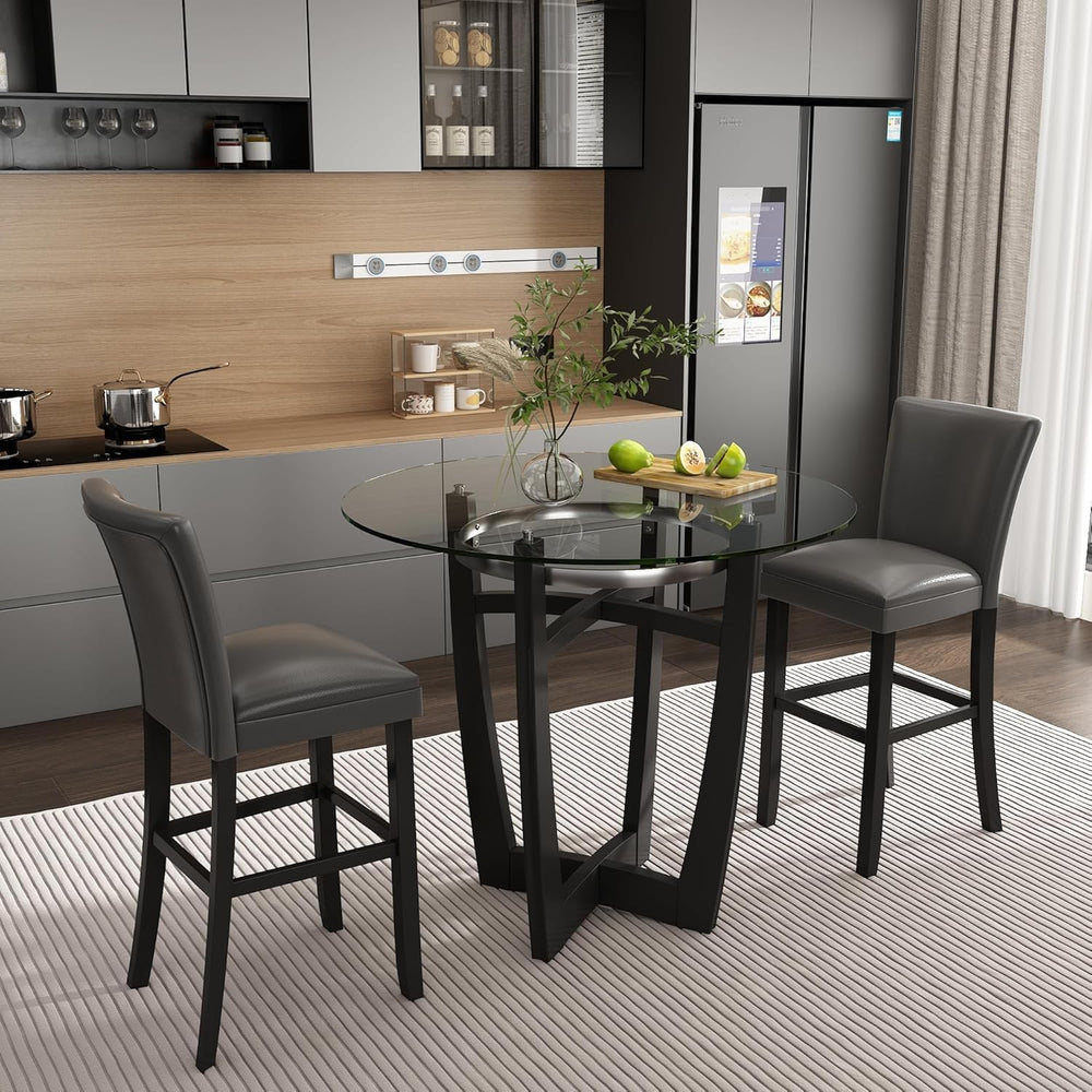 42" Round Bar Height Glass Dining Table, Solid Wood Base, 42" Height