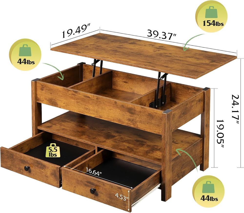 WLIVE Lift Top Coffee Table with 2 Drawers Brown