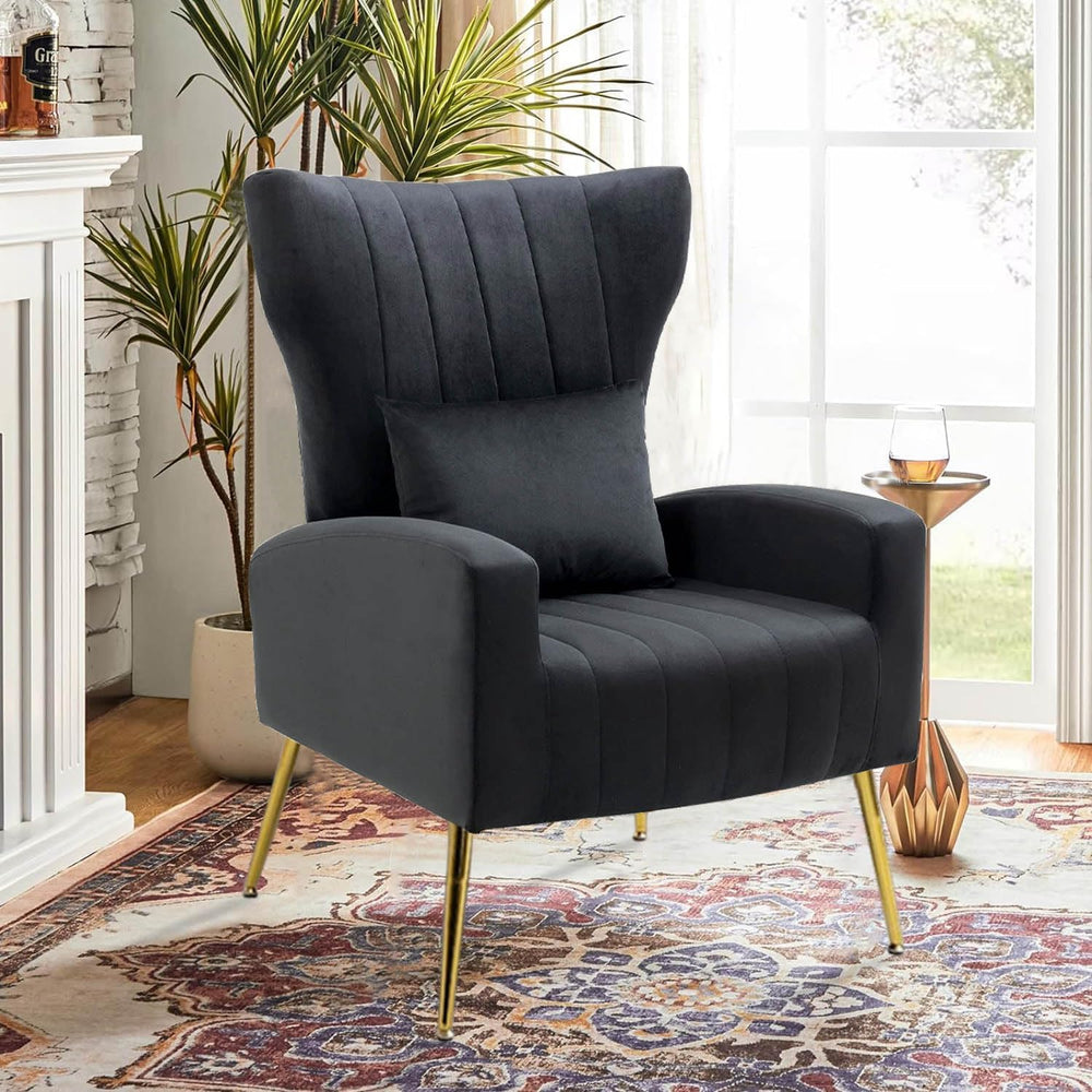 Velvet Accent Arm Chair with Wingback & Lumbar Pillow, Modern Armchair fo...