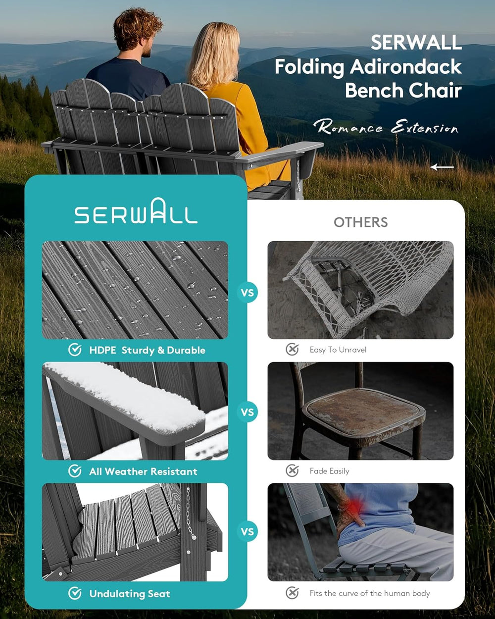 SERWALL Folding Adirondack Bench, HDPE All-Weather, 660lbs Cap, Grey