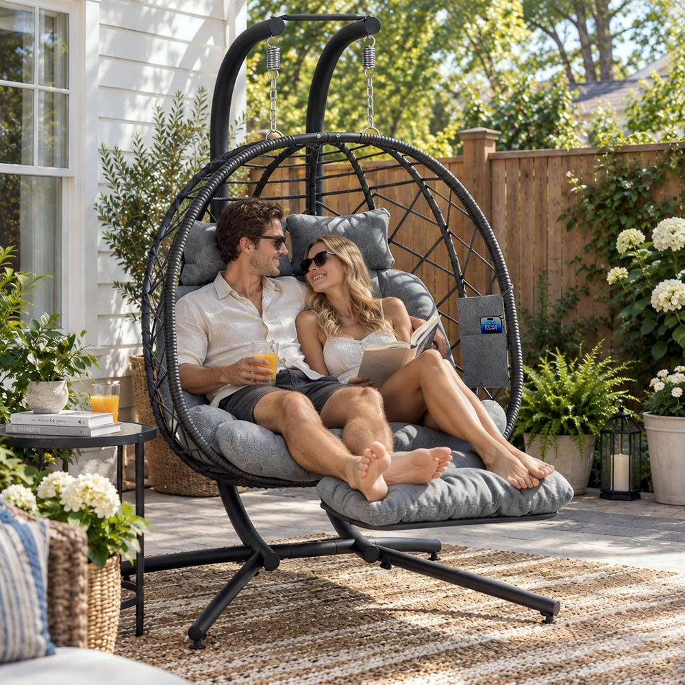 Suteck Double Hanging Egg Chair with Adjustable Footrest & Stand, Grey