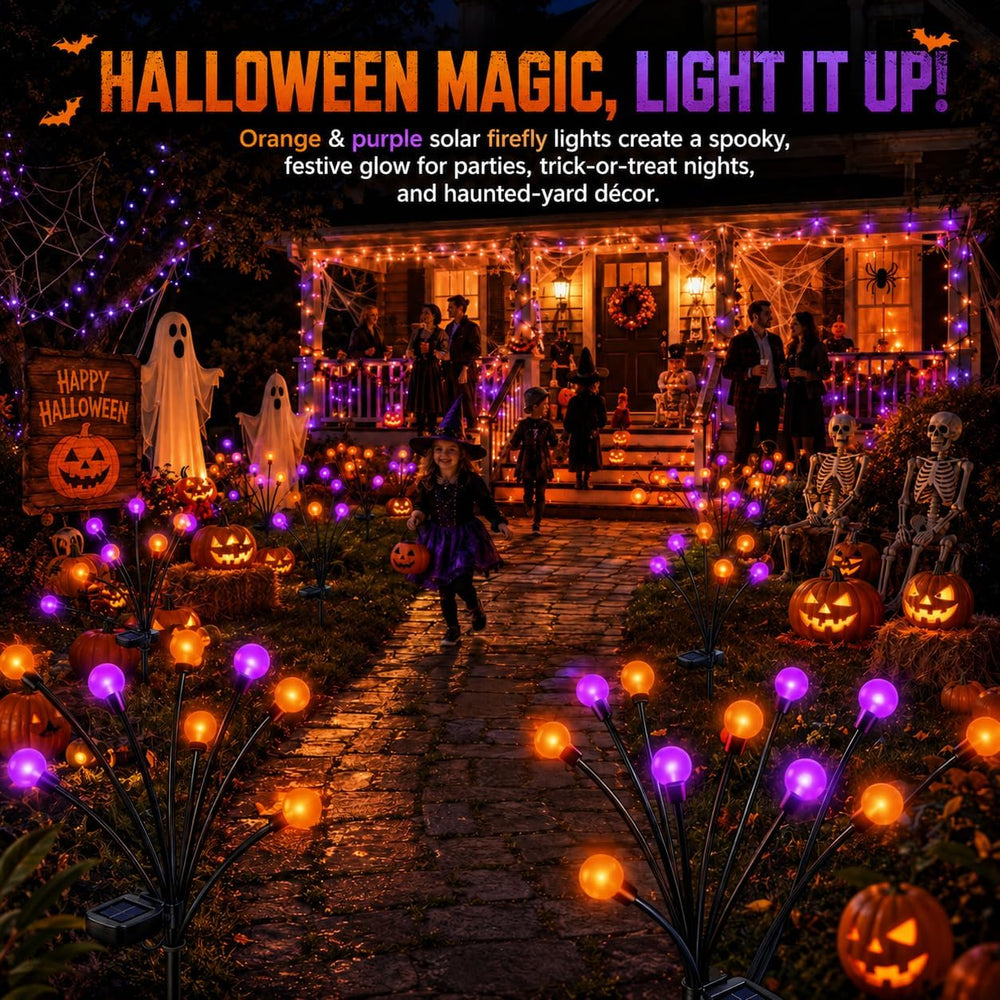 Solar Firefly Lights Outdoor, 4 Pack Orange Purple Halloween Yard Decor