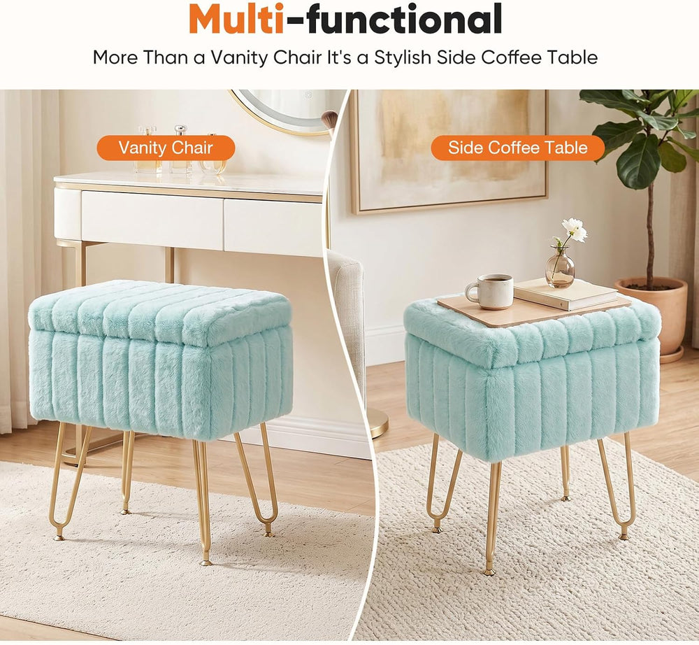 DUMOS Vanity Stool Chair with Storage, Small Ottoman Faux Fur Soft Padded Foo...