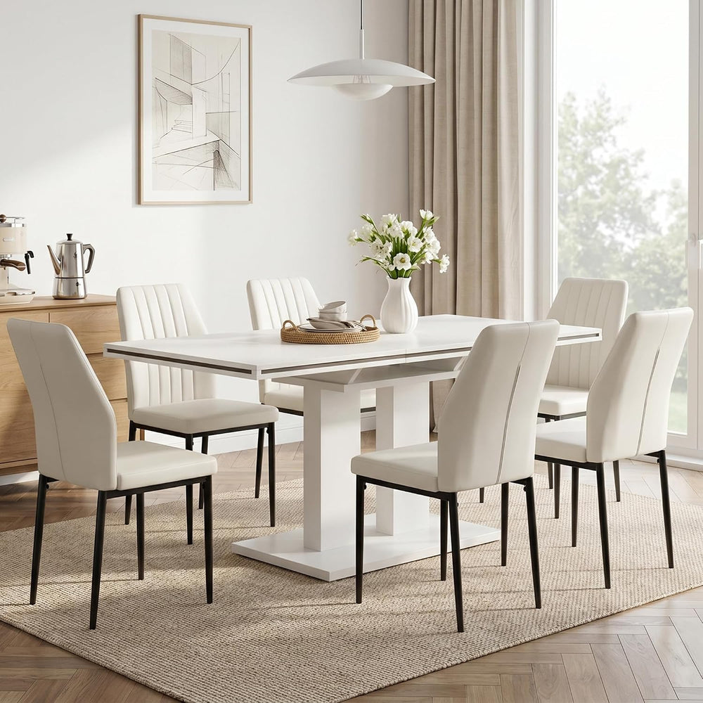 HIPIHOM Extendable Dining Table Set, White Table + 6 Beige Pu Chairs