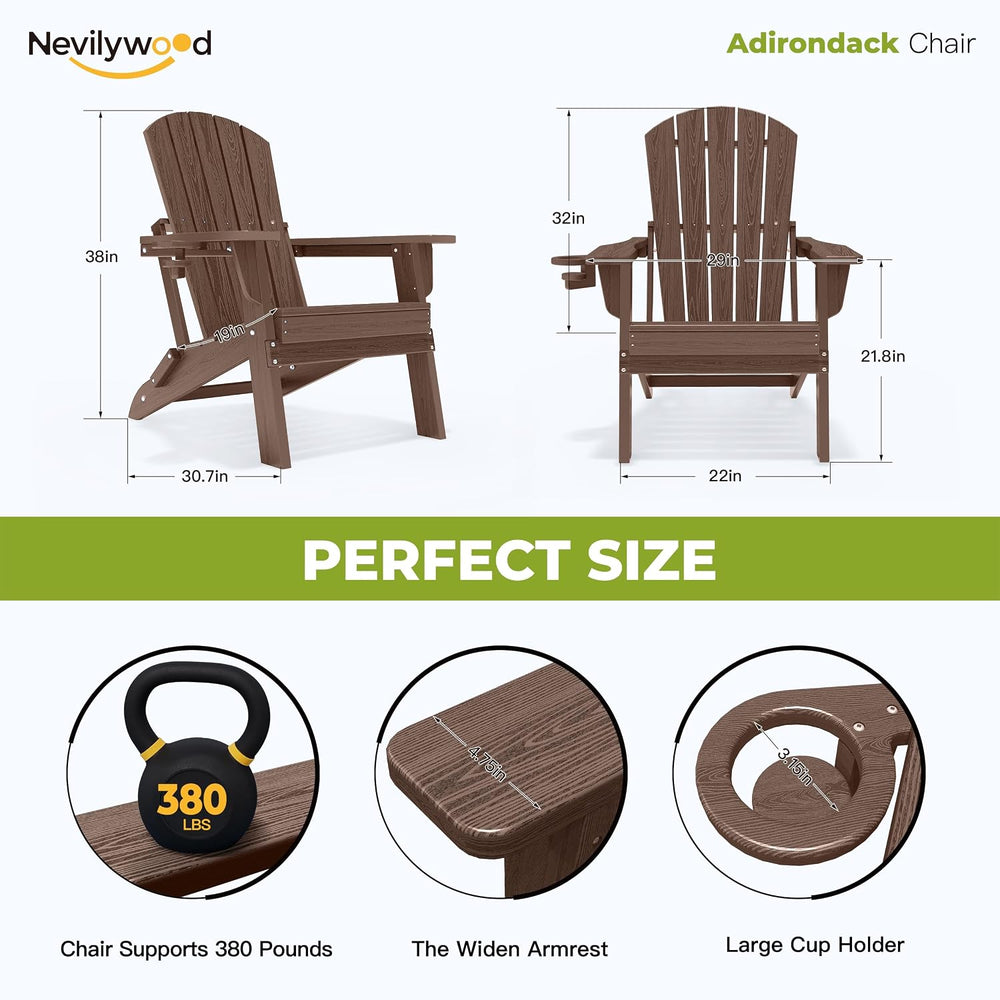 nevilywood Folding Adirondack Chairs Set of 2, HDPE Cup Holders, Coffee