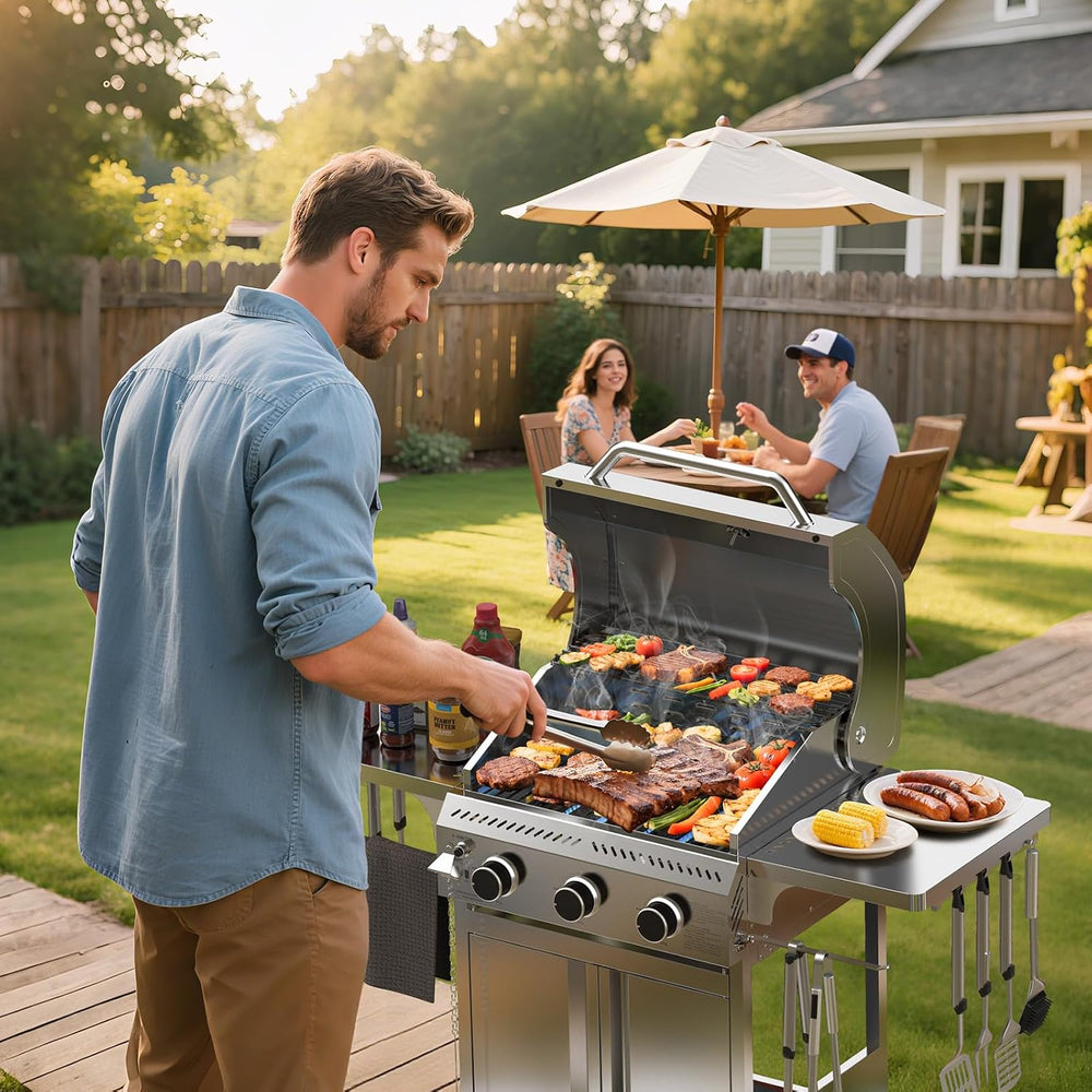 Electactic G31 Gas Grill, 3-Burner Gas Grill with Folding Side Tables,Stainle...