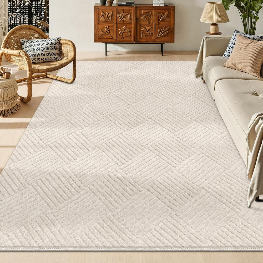 Vaukki 5x7 Living Room Area Rug, Beige Soft Geometric Fluffy Bedroom Mat