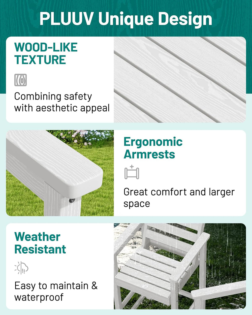 PLUUV All Weather HDPE Adirondack Bar Height Chairs Set of 2,White